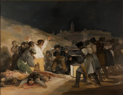 ציור „השלושה במאי 1808” מאת פרנסיסקו גויה: איש בחולצה לבנה פורש ידיים מול כיתת יורים לאור פנס