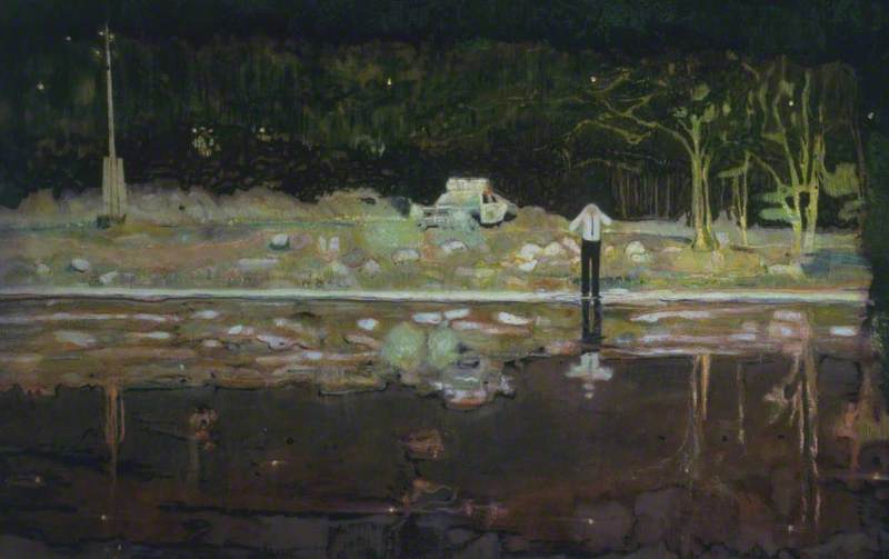 פטר דויג, Echo Lake, 1998 — דמות בודדה על חוף אגם לילי קוראת אל מעבר למים הכהים