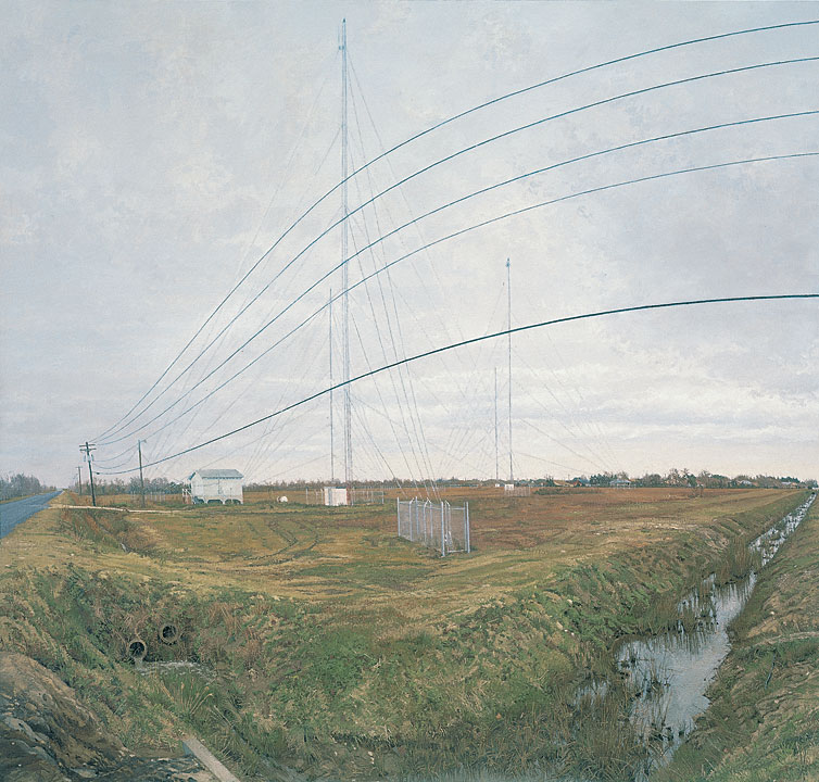 רקסטראו דאונס, At the Confluence of Two Ditches Bordering a Field with Four Radio Towers, 1995 — שדה שטוח שבו האופק וקווי החשמל מתקמרים