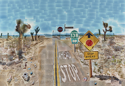דייוויד הוקני, Pearblossom Hwy., 11–18th April 1986, #2 — כביש מדברי שהורכב ממאות תצלומים בריבוי נקודות מבט