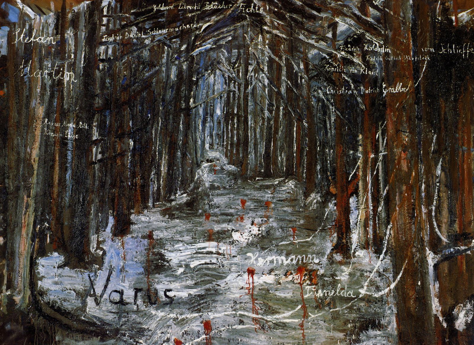 אנסלם קיפר, Varus, 1976 — שביל נכנס אל יער כהה ועליו כתובים שמות מן ההיסטוריה והתרבות הגרמנית