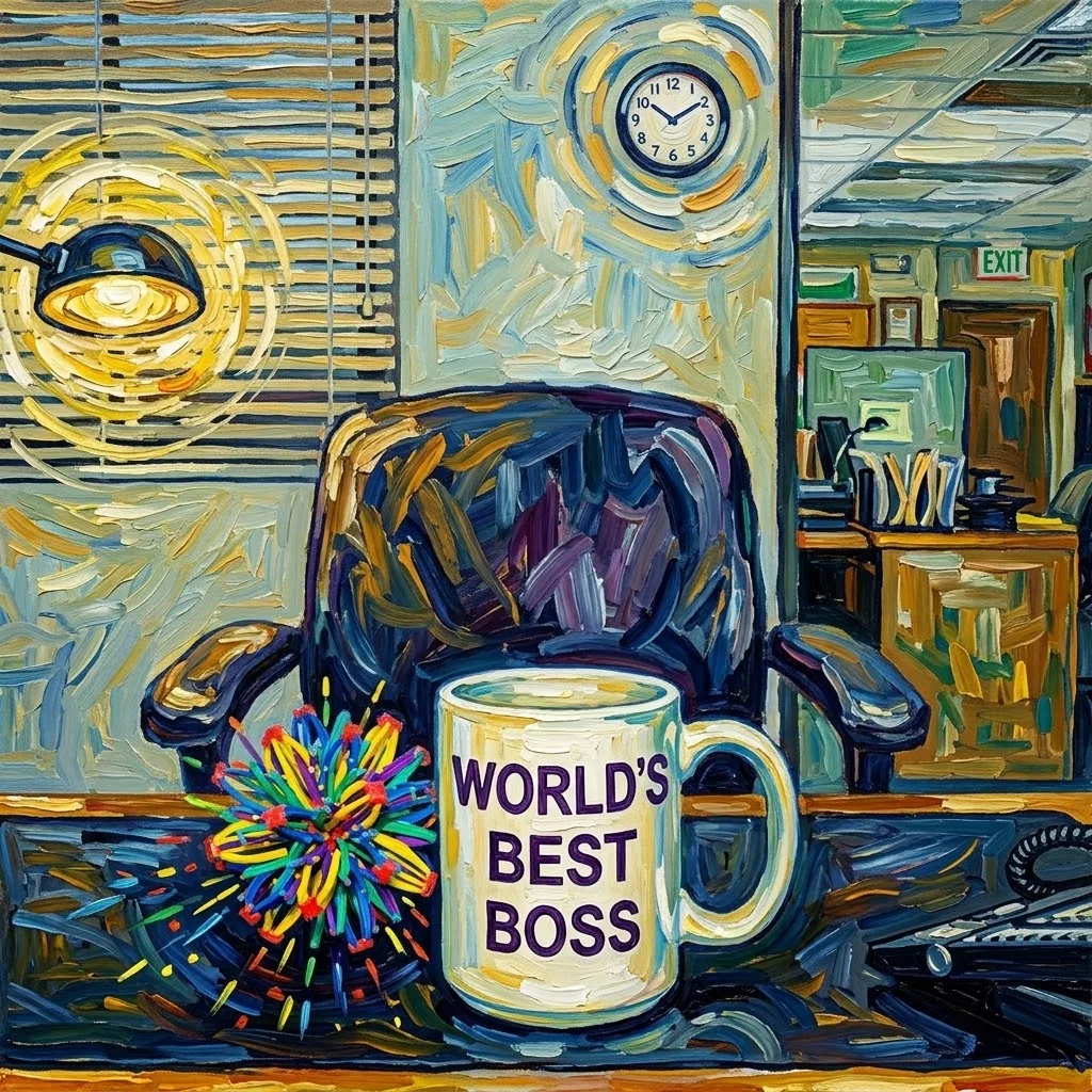 ספל שעליו כתוב World's Best Boss על שולחן משרדי, וכיסא ריק מאחוריו, בציור בסגנון אקספרסיבי