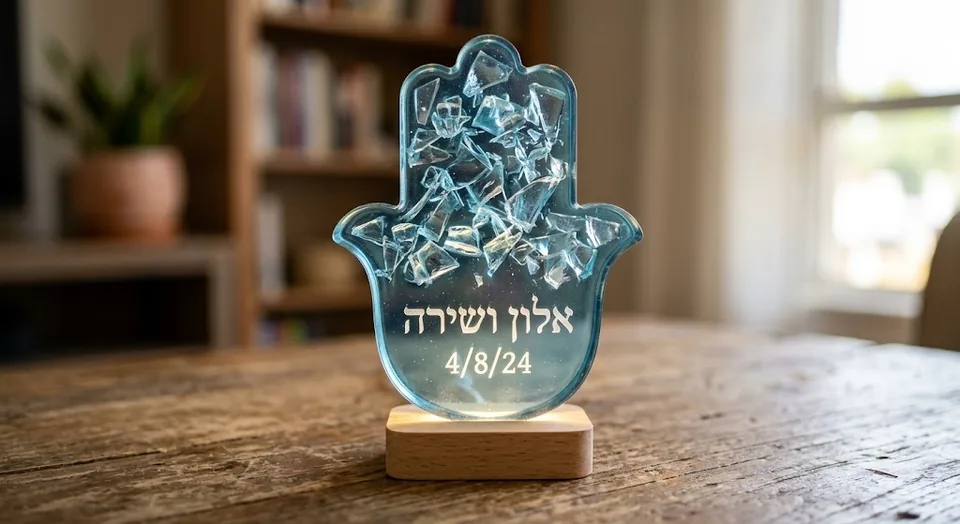 חמסת אפוקסי עם שברי זכוכית מוארת מבסיס לד, חריטת שמות ותאריך