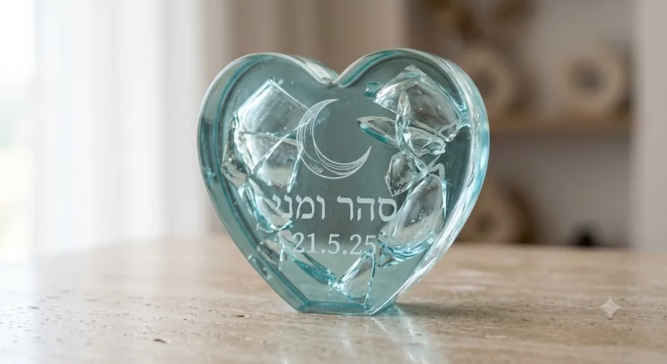 לב מאפוקסי שקוף עם שברי זכוכית וחריטת שמות ותאריך
