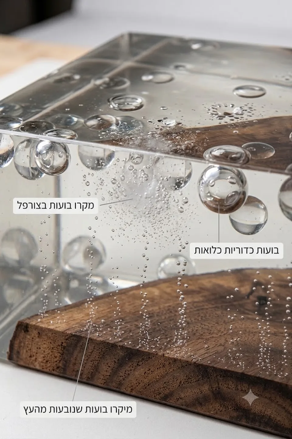 בועות ביציקת אפוקסי מעל לוח עץ — בועות כדוריות כלואות, מקרו-בועות ומיקרו-בועות שנובעות מהעץ