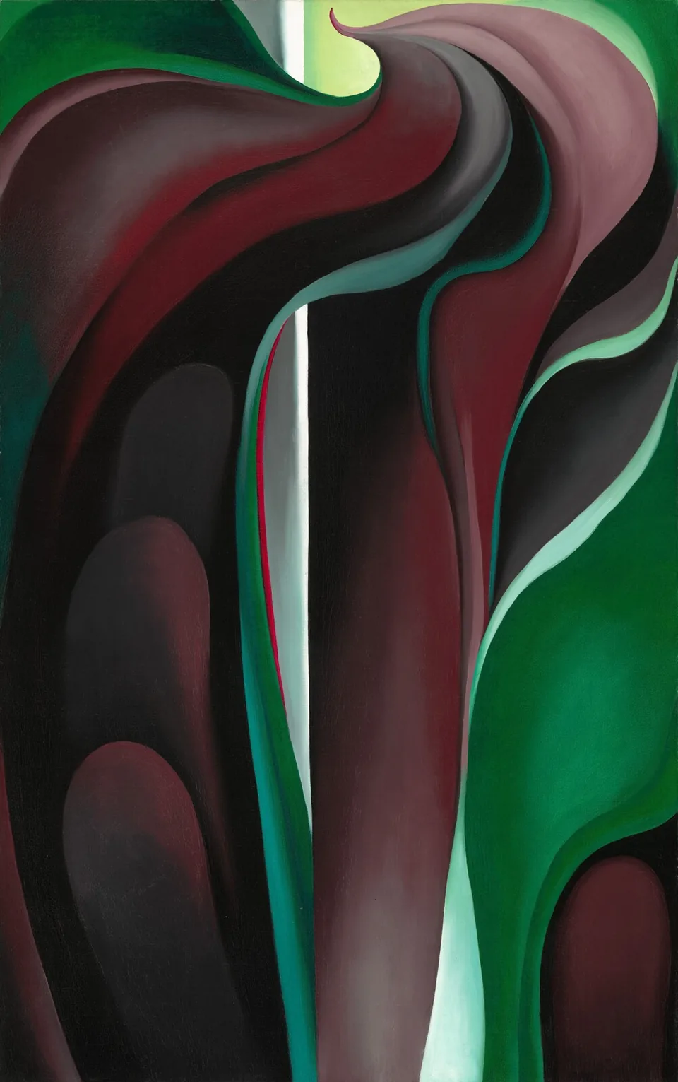ג'ורג'יה או'קיף, „Jack-in-Pulpit Abstraction – No. 5”: צורה ארוכה ומתעגלת בגווני בורדו וירוק על רקע בהיר