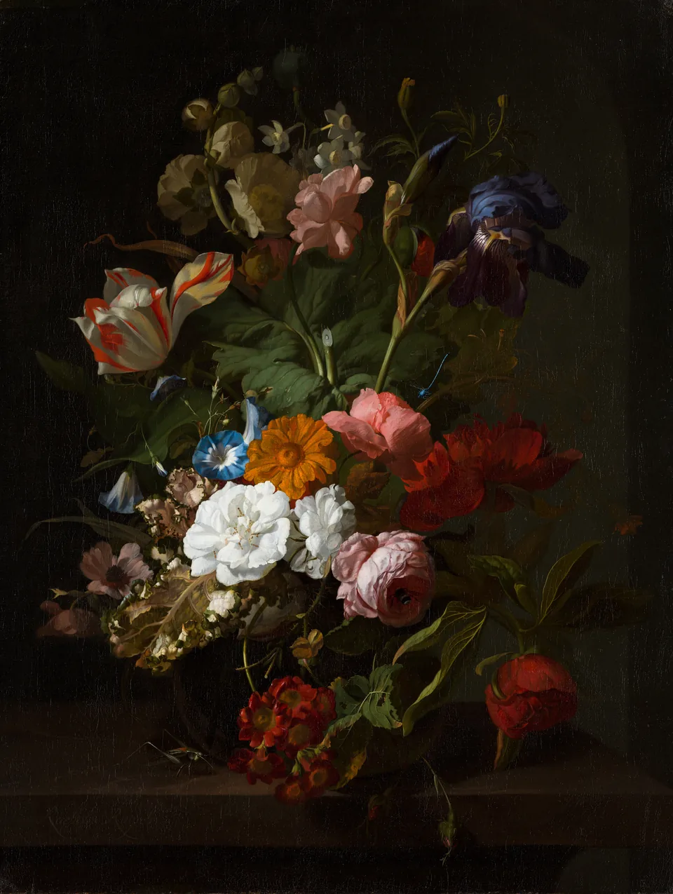 רחל רויס, „Vase with Flowers”: זר פרחים צבעוני באגרטל זכוכית על רקע חשוך