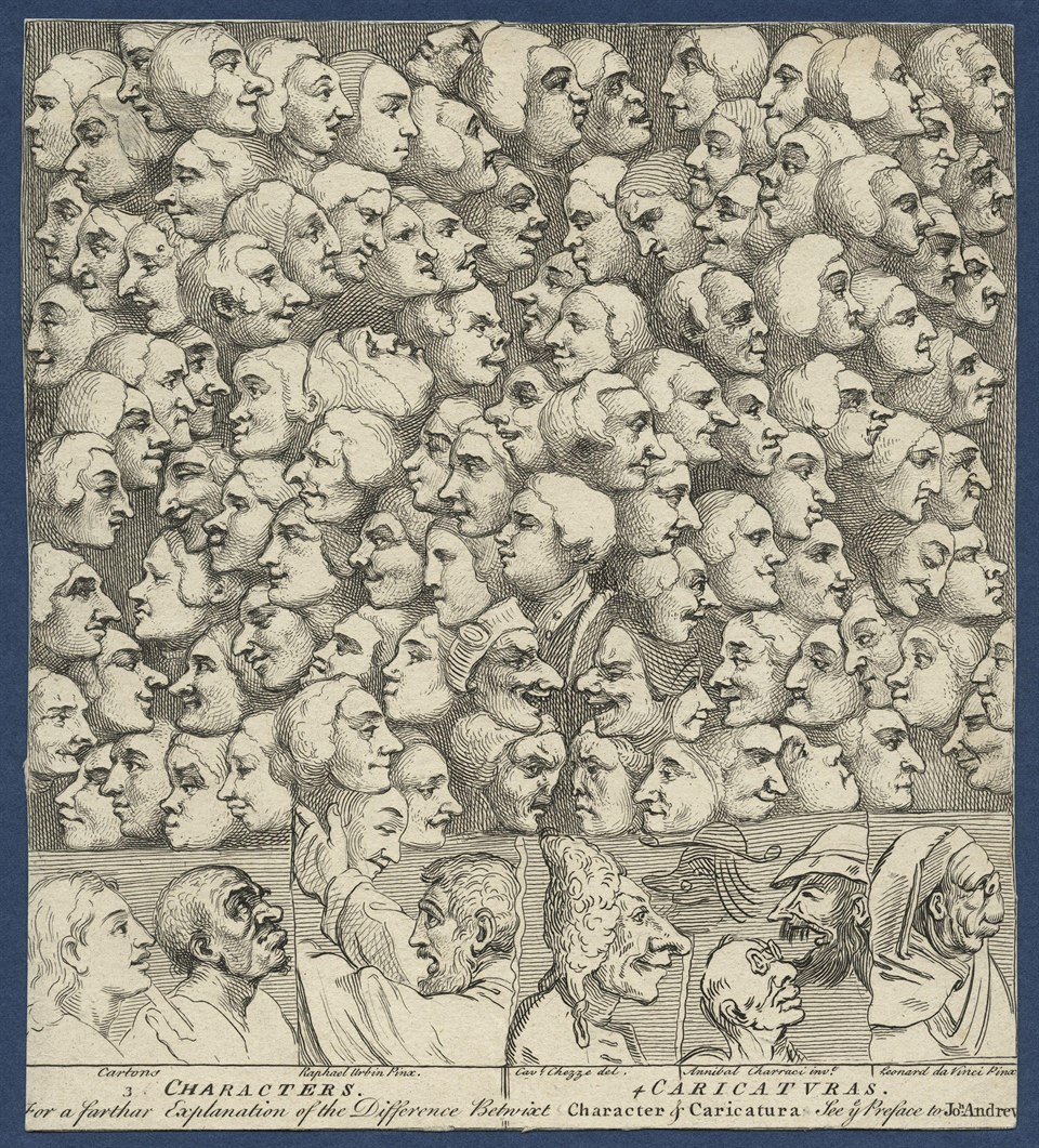 ויליאם הוגארת', Characters and Caricaturas, 1743 - גיליון תחריט ובו שורות של פנים מצוירות לצד שורות של פנים מעוותות