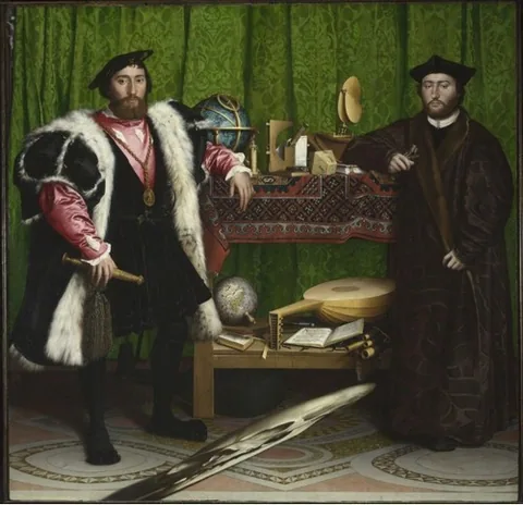 הנס הולביין הצעיר, „השגרירים” 1533 — שני גברים ליד שולחן ובו גלובוסים וכלי מדידה, ובתחתית הציור כתם מאורך