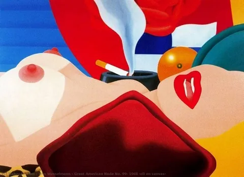תום וסלמן, „Great American Nude No. 99” (1968) — גוף מקוטע לשפתיים, שד וסיגריה על רקע שטוח בצבעי יסוד