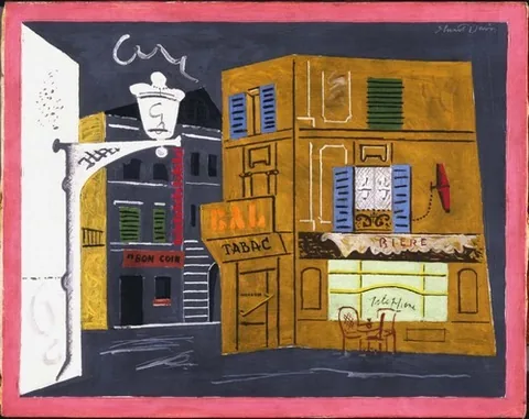 ציור של פינת רחוב עם שלטי פרסומת, חתום Stuart Davis